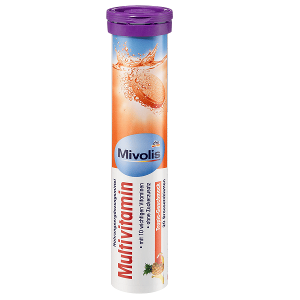 MultiVitamine, C, E, B1, B2, B6, B12, niacine, acide pantothénique, acide folique et biotine, 20 Comprimés Effervescents (Mivolis)