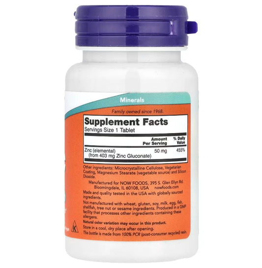 NOW Foods, Zinc, 50 mg, 100 comprimés