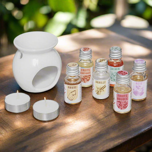 Coffret 6 huiles parfumées avec boîte en bois.