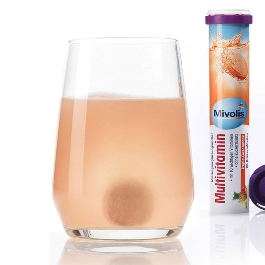 MultiVitamine, C, E, B1, B2, B6, B12, niacine, acide pantothénique, acide folique et biotine, 20 Comprimés Effervescents (Mivolis)